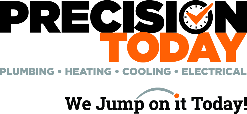 Precision Today logo "Precision Today Plumbing | Drains | Heating | Cooling. We jump on it today!"