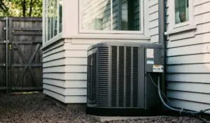 Central air conditioner system on concrete slab outside of a Chicago home.